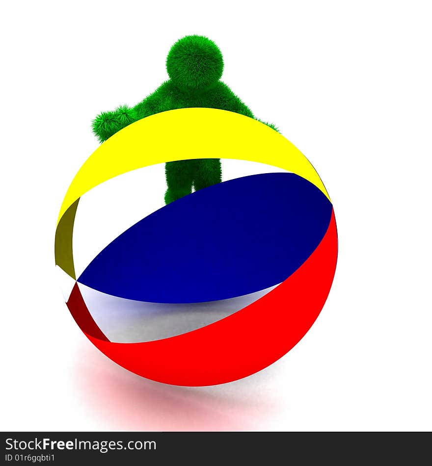 3D Man Holds The Beach Ball Isolated On White.