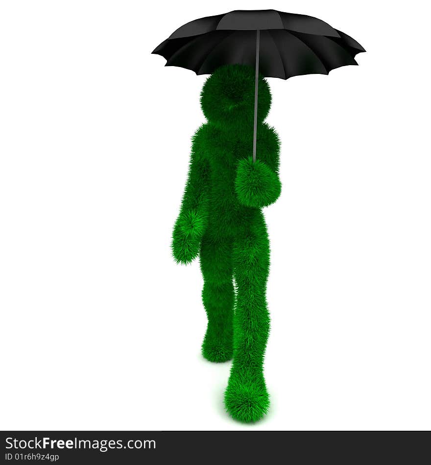 3D man holds an umbrella isolated on white.