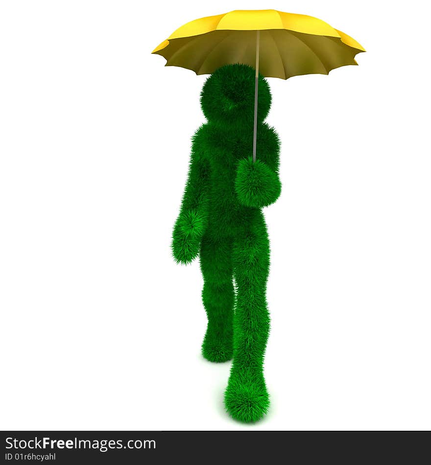 3D man holds an umbrella isolated on white.