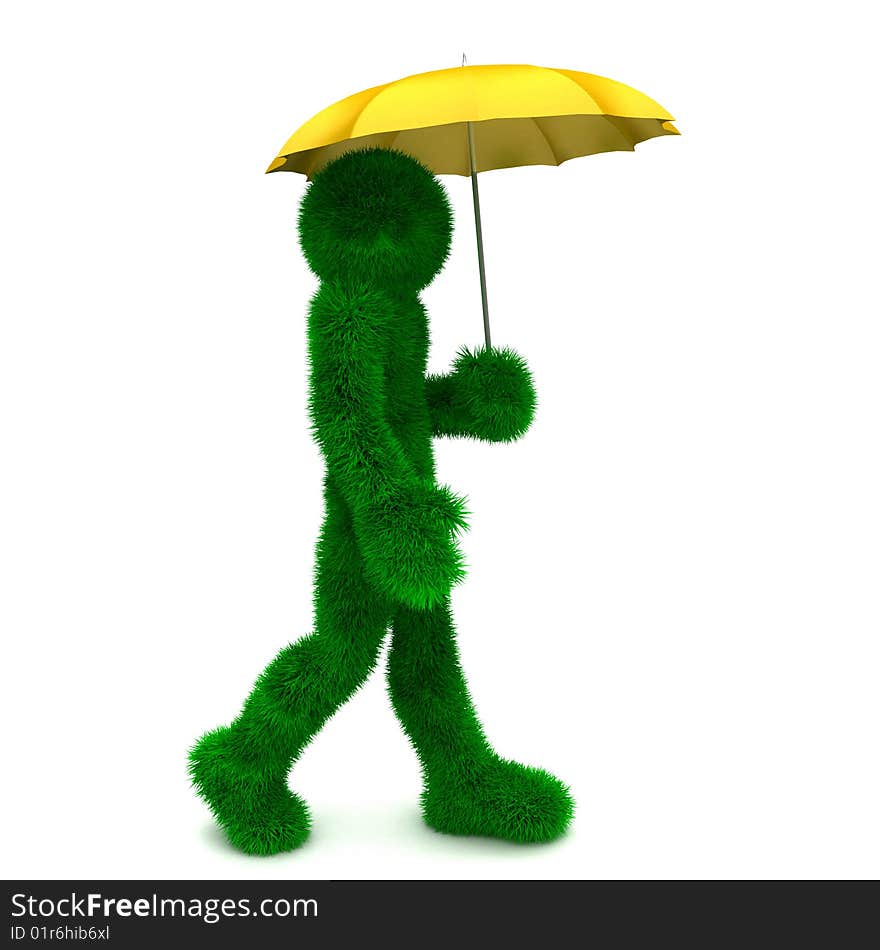 3D man holds an umbrella isolated on white.