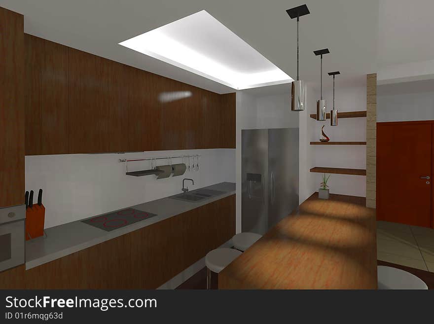 Home interior kitchen 3d rendering. Home interior kitchen 3d rendering