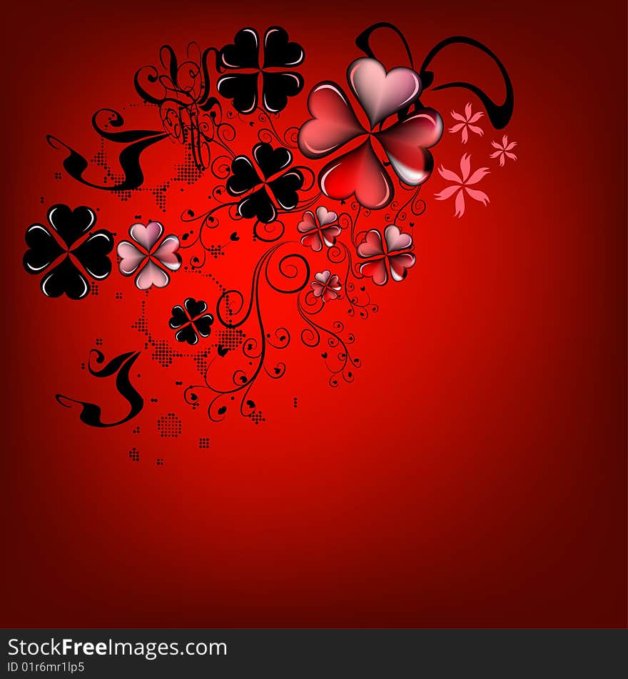 Floral retro graphic with swirls, dots and flowers on red background. space for text. Floral retro graphic with swirls, dots and flowers on red background. space for text