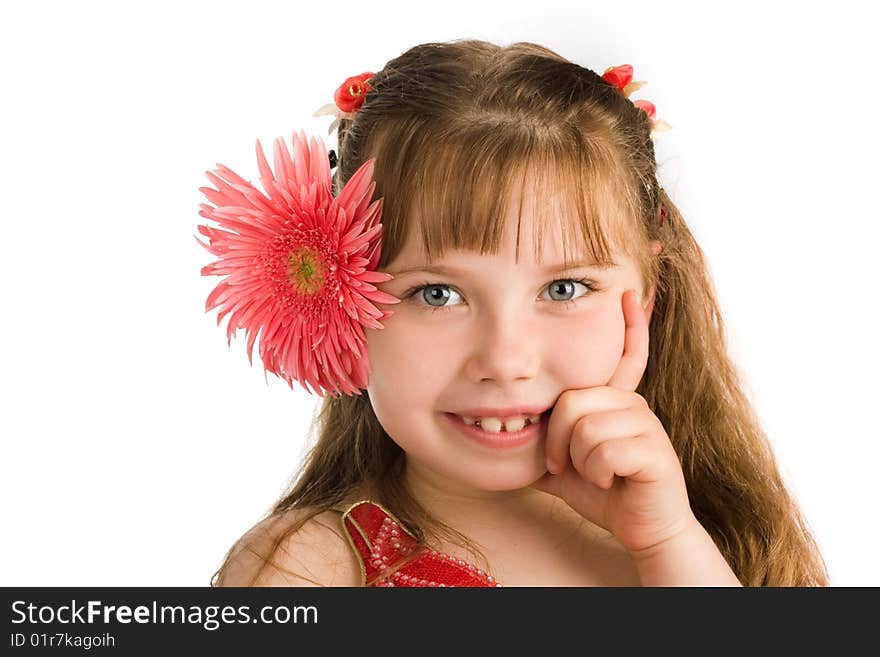 An image of a portrait of nice girl with a pink flower