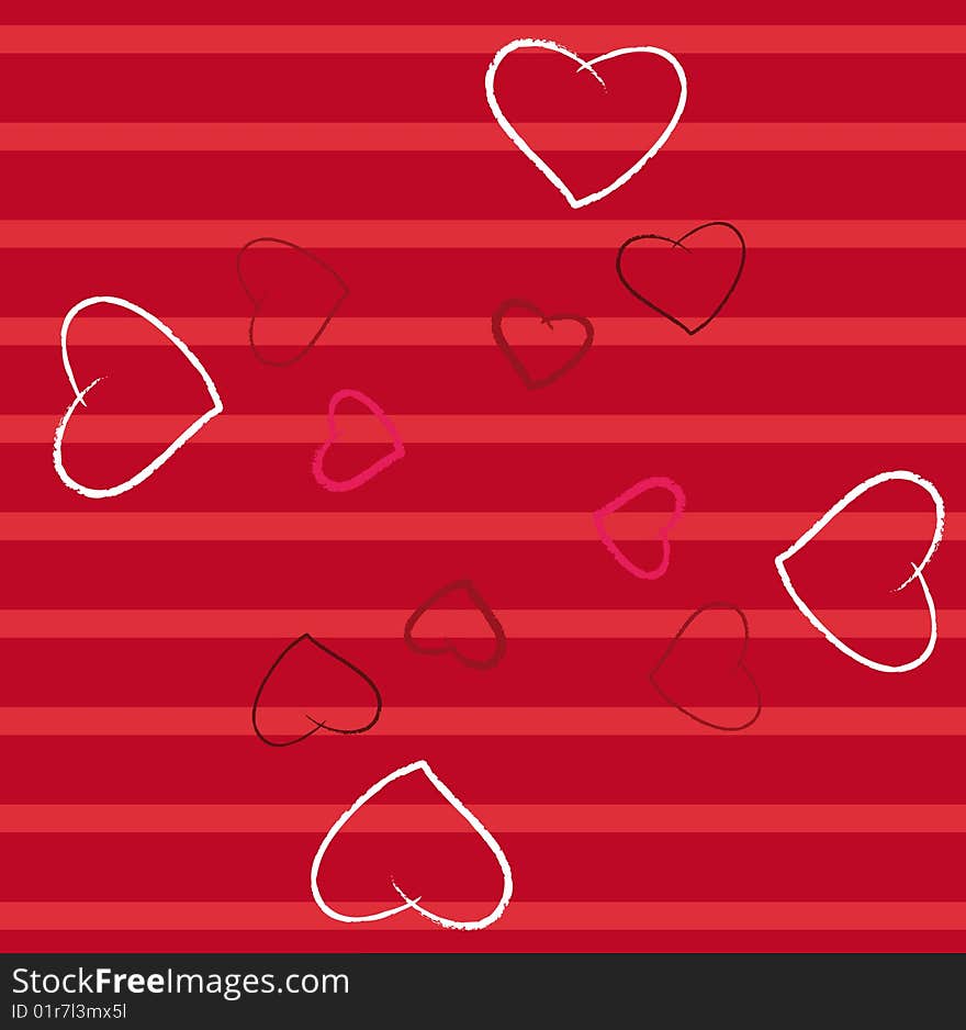 Red striped background decorated with red and white hearts. Red striped background decorated with red and white hearts