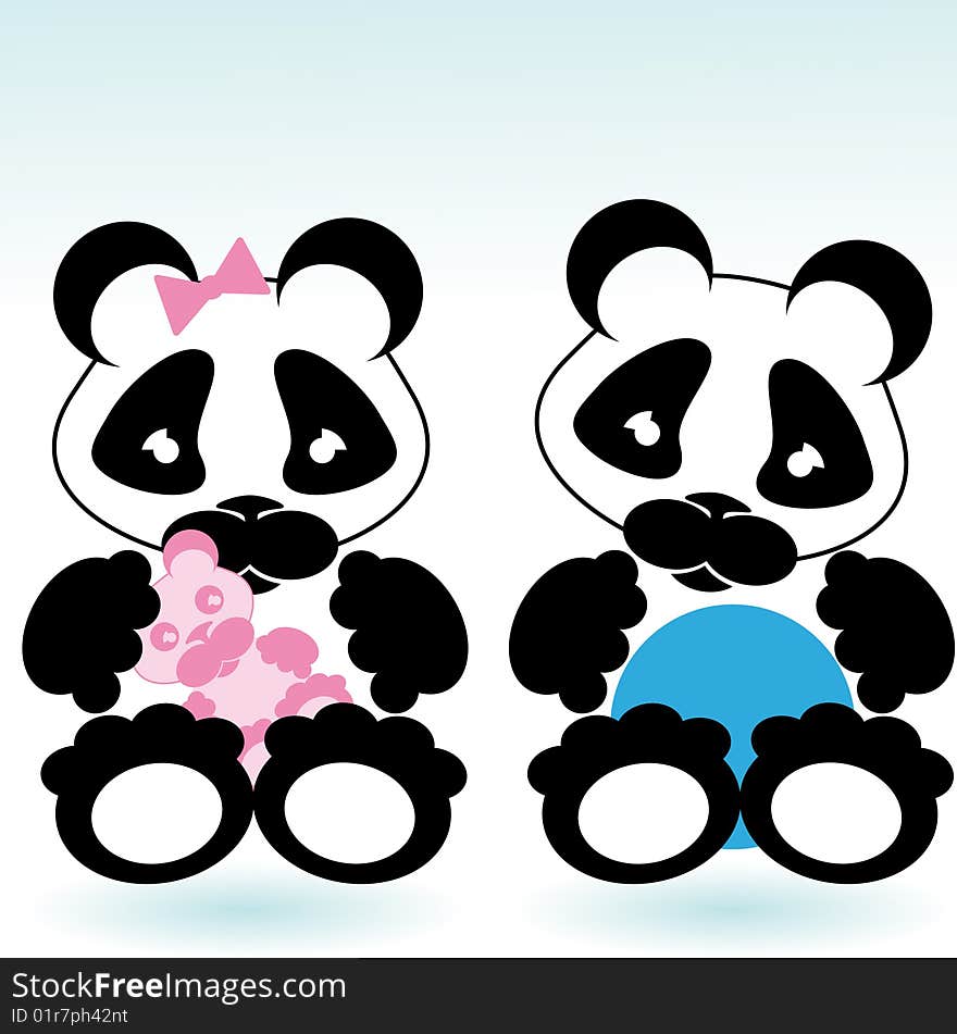 Cartoon style panda boy and girl with toys