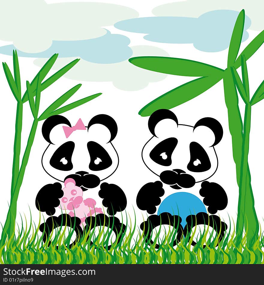 Sweet panda cuddles with bamboo grass and cloud background