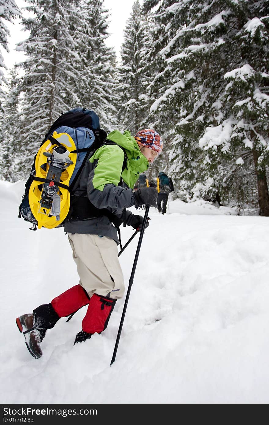 Hiker boy in winter mountains