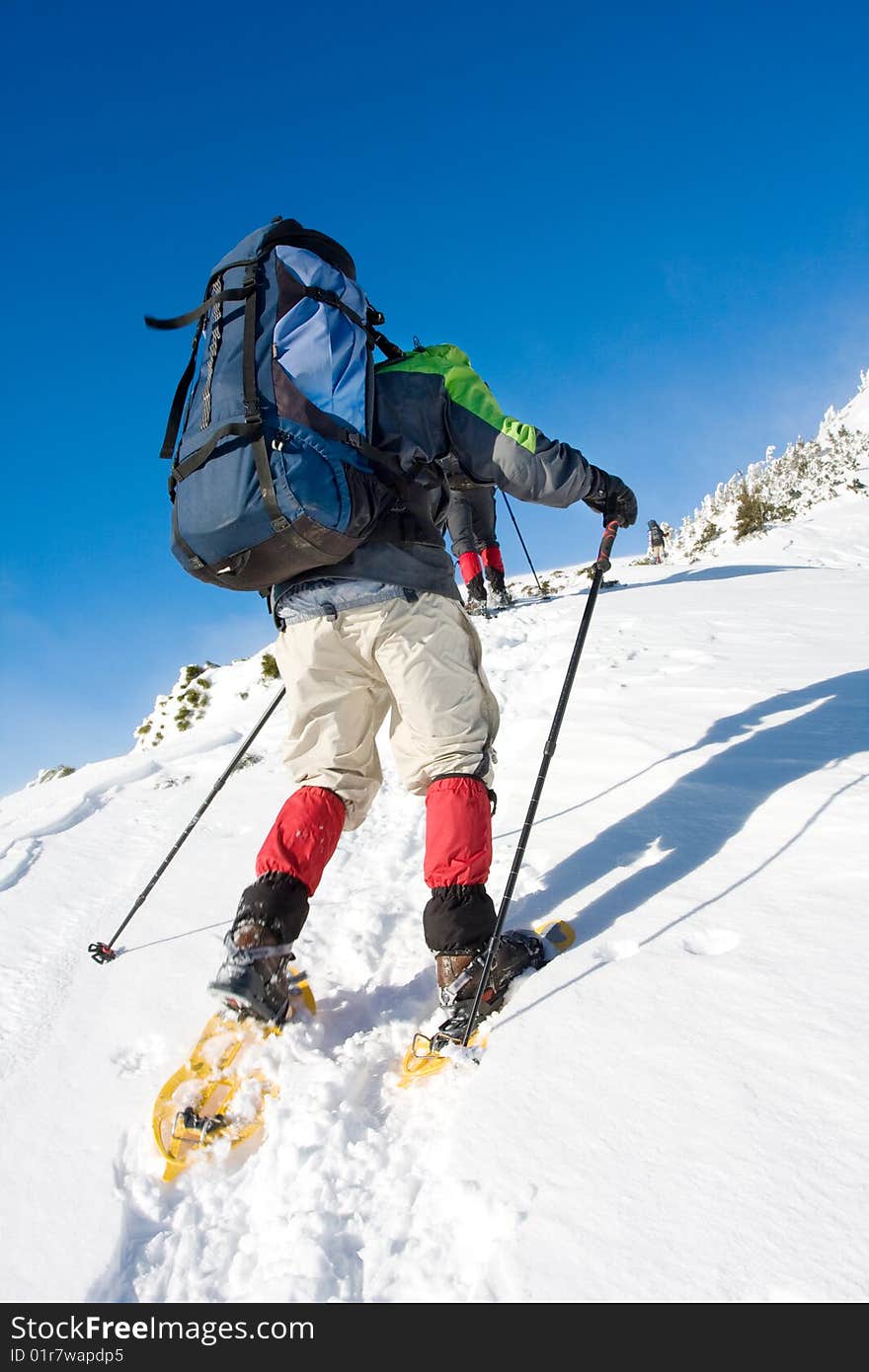 Hiker in winter in mountains