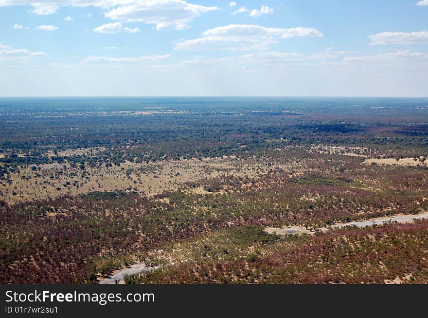 Aerial view approaching the Okavango Delta, leaving Maun. Aerial view approaching the Okavango Delta, leaving Maun.