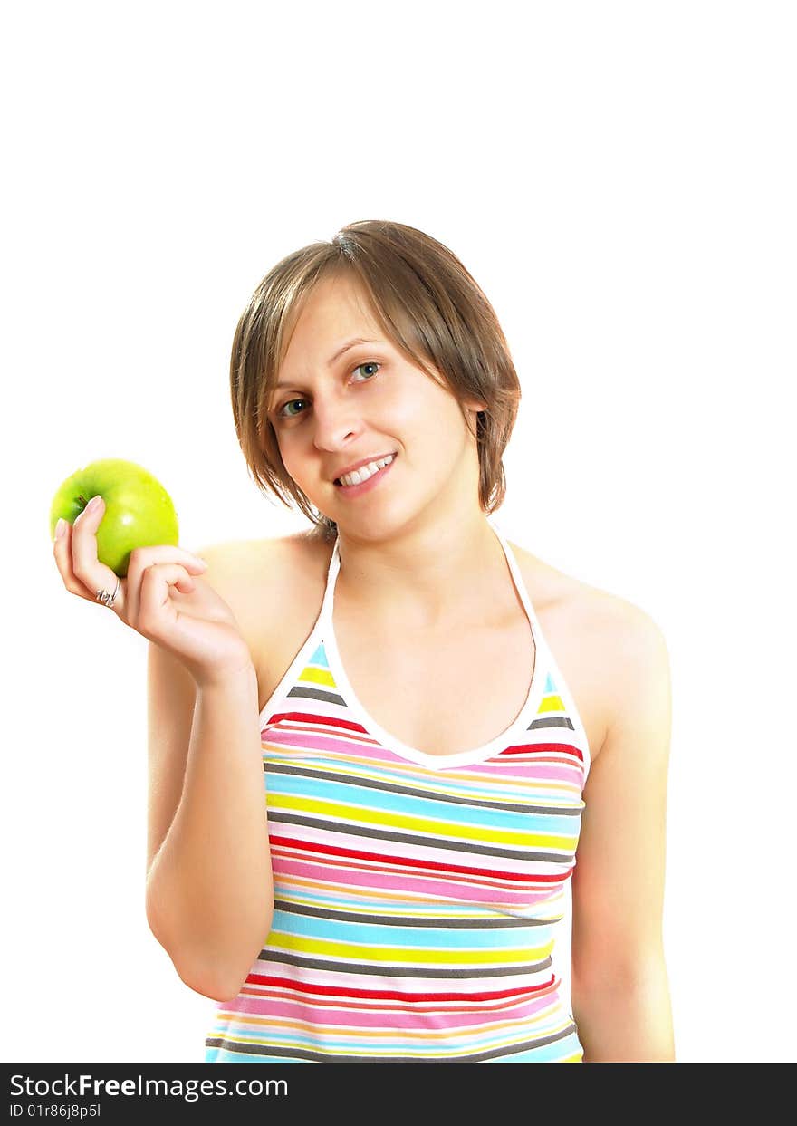 Smiling pretty lady with a green apple