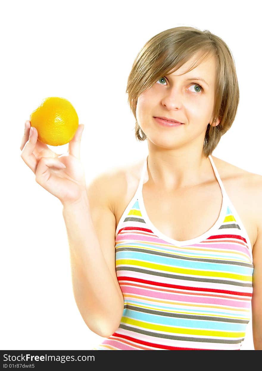 Happy attractive girl with citrus fruit