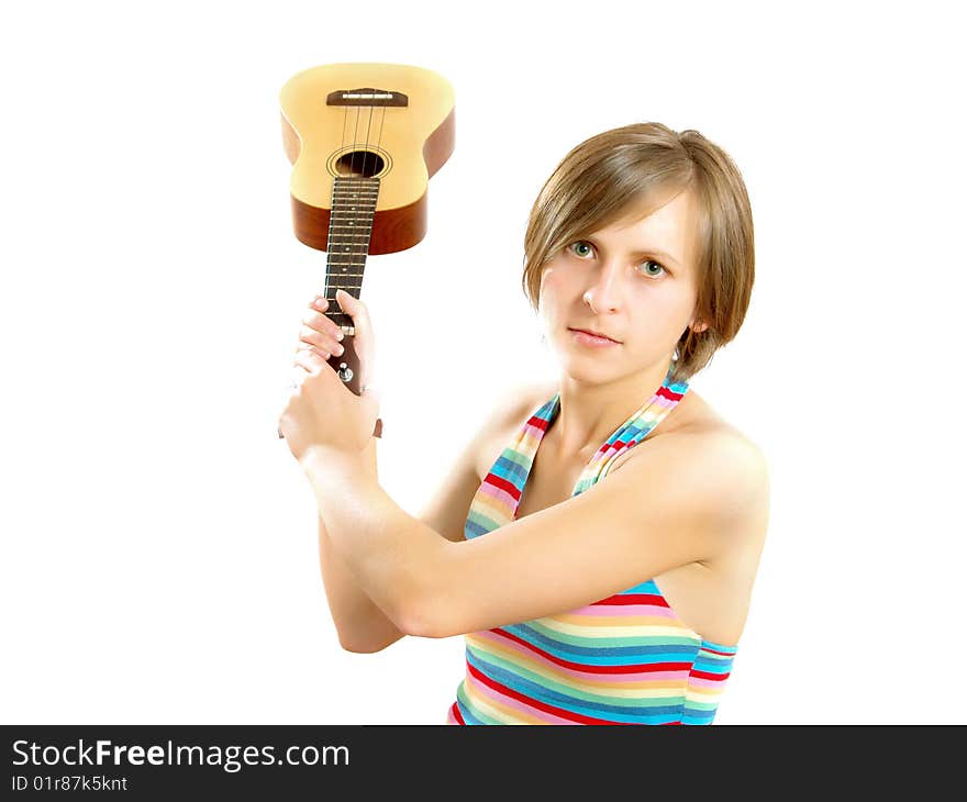 Angry Young Blond Lady Fighting With A Guitar