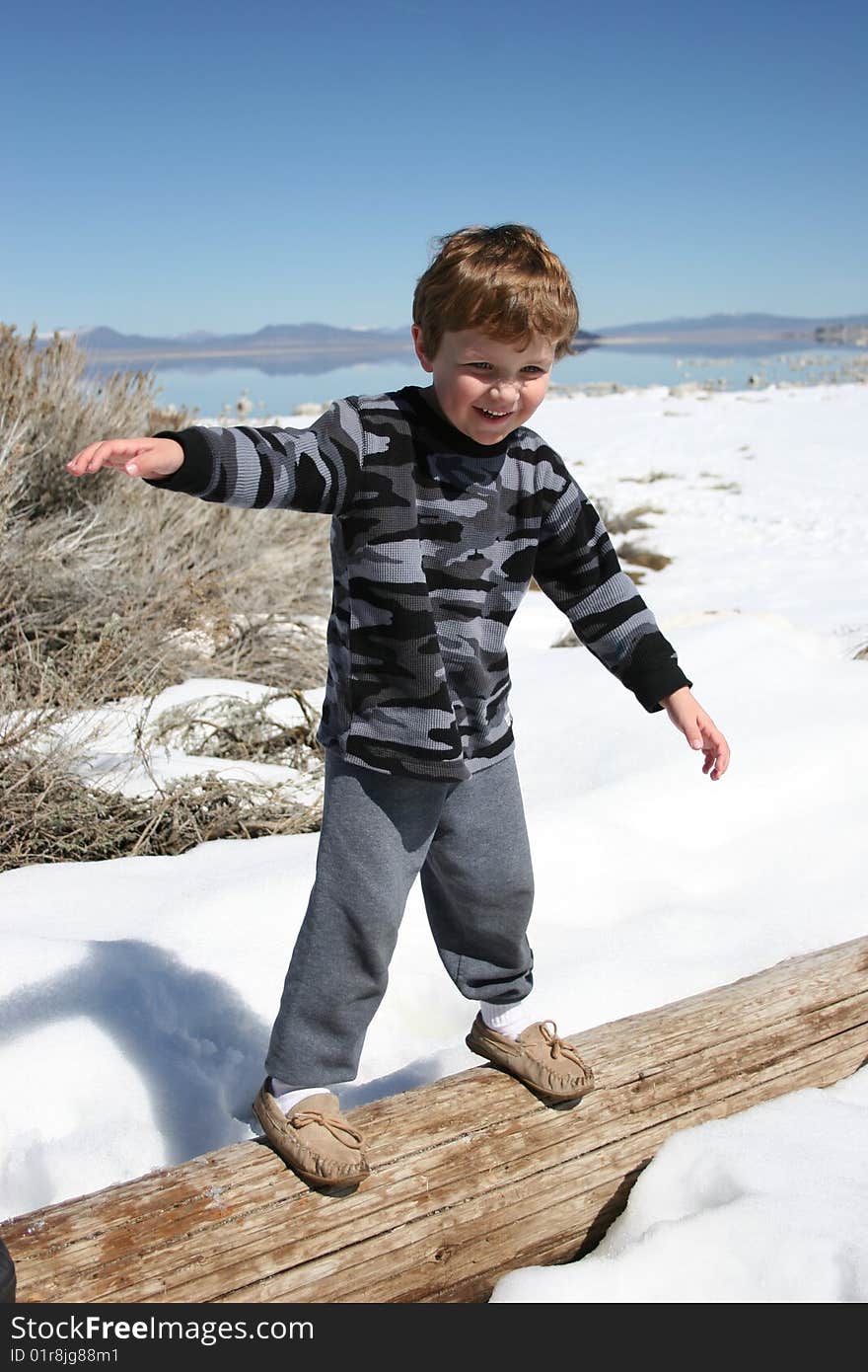 Boy balancing on a log. Boy balancing on a log