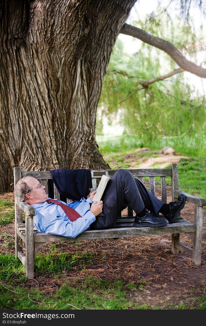 Older man reads while relaxing on a park bench. Older man reads while relaxing on a park bench