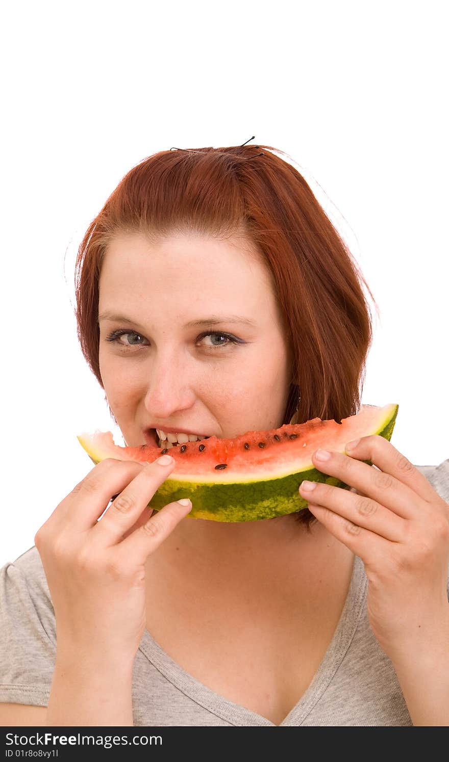 Woman eating water melon on white  background