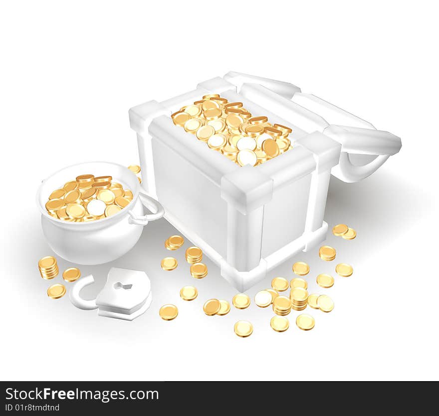 Chest with gold coins isolate on a white background. Chest with gold coins isolate on a white background.