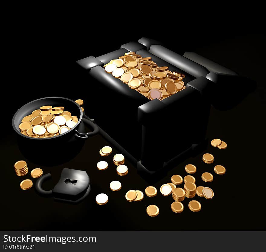 Chest with gold coins isolate on a white background. Chest with gold coins isolate on a white background.