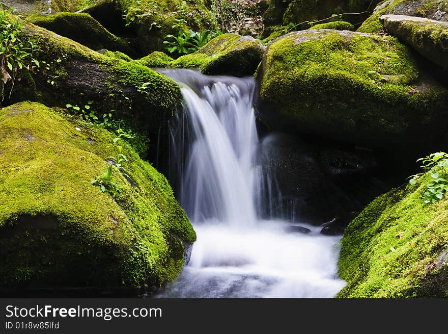 Close up of waterfall flowing over mossy rocks