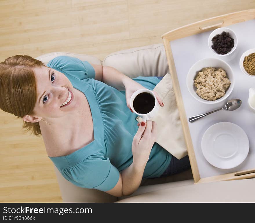 Cute Redhead with Breakfast Tray