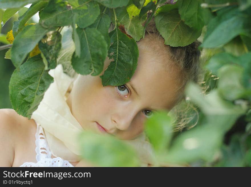 The girl looks out because of summer foliage. The girl looks out because of summer foliage