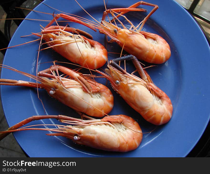 Cooked prawns on a blue plate