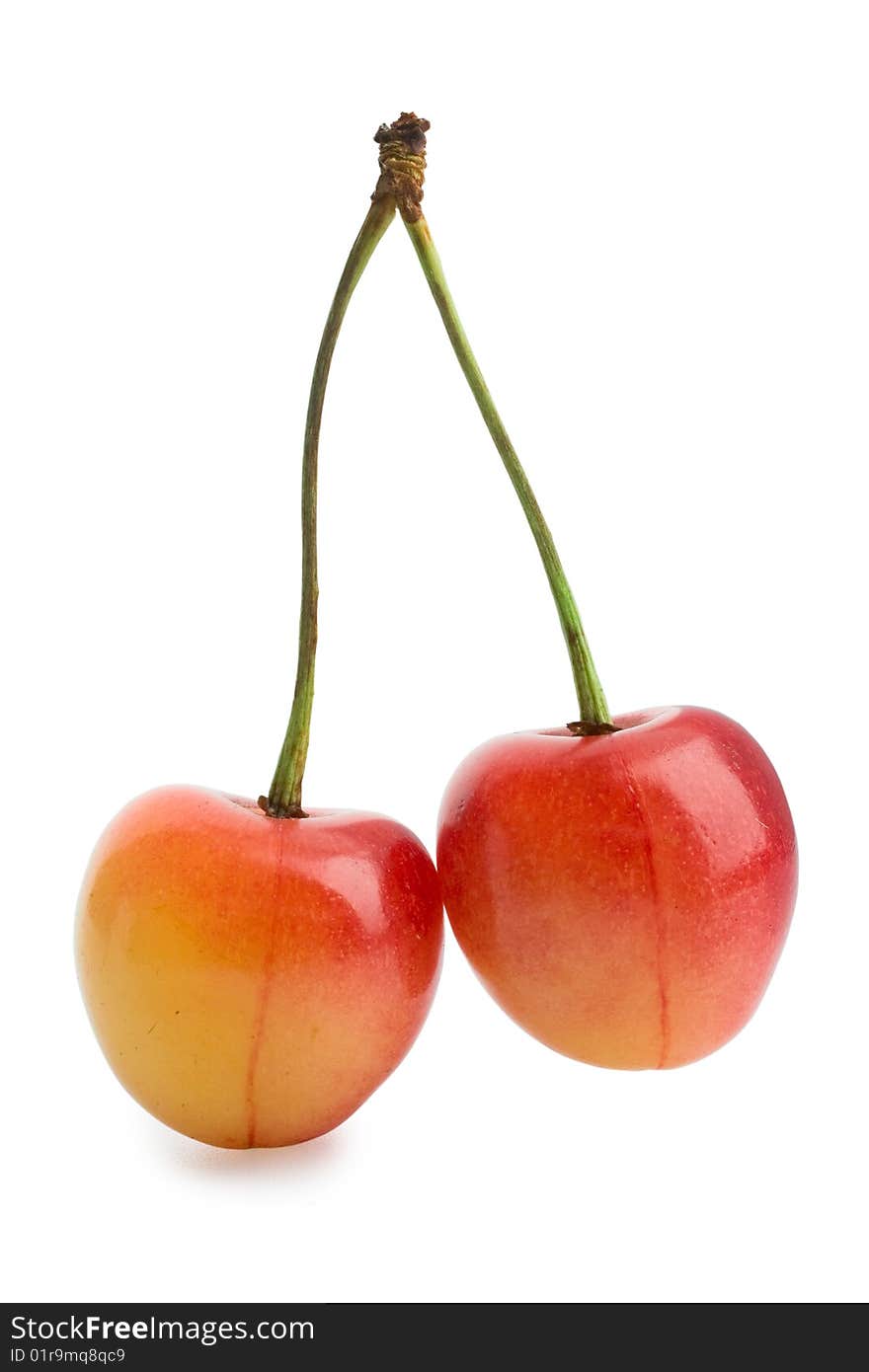 Closeup of two cherrys isolated on wite background