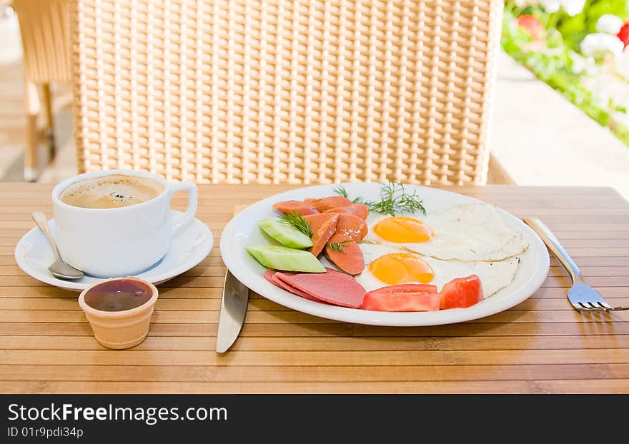 Breakfast served on the table. Breakfast served on the table