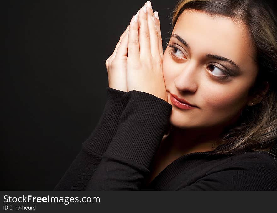 Portrait of romantic woman on black background. Portrait of romantic woman on black background