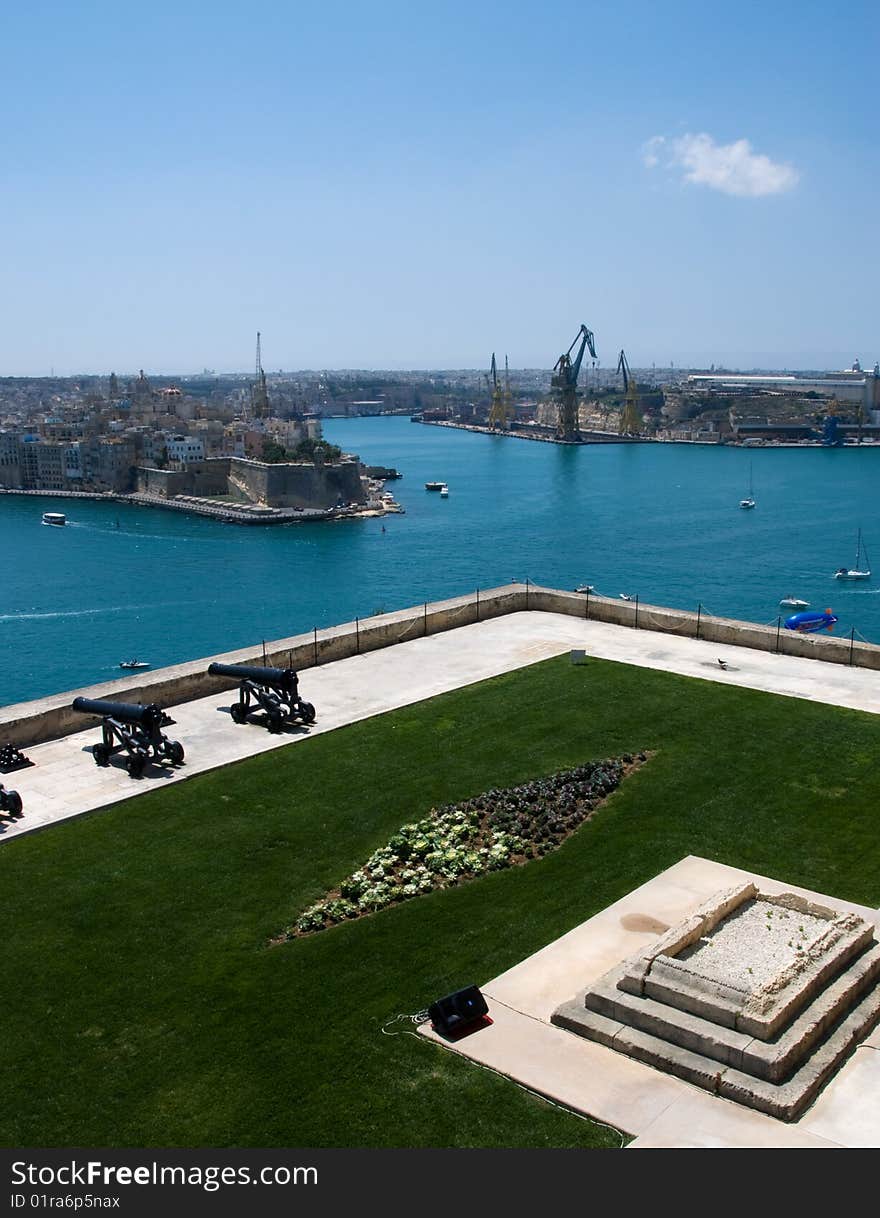 A View of the Lower section of the Upper Barrakka Gardens as seen from the Gardens Balcony looking towards Fort St Angelo and the Grand Harbour