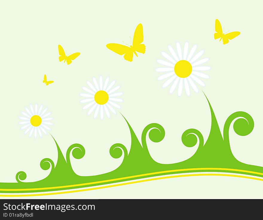 Illustration of daisies and butterflies on light green background