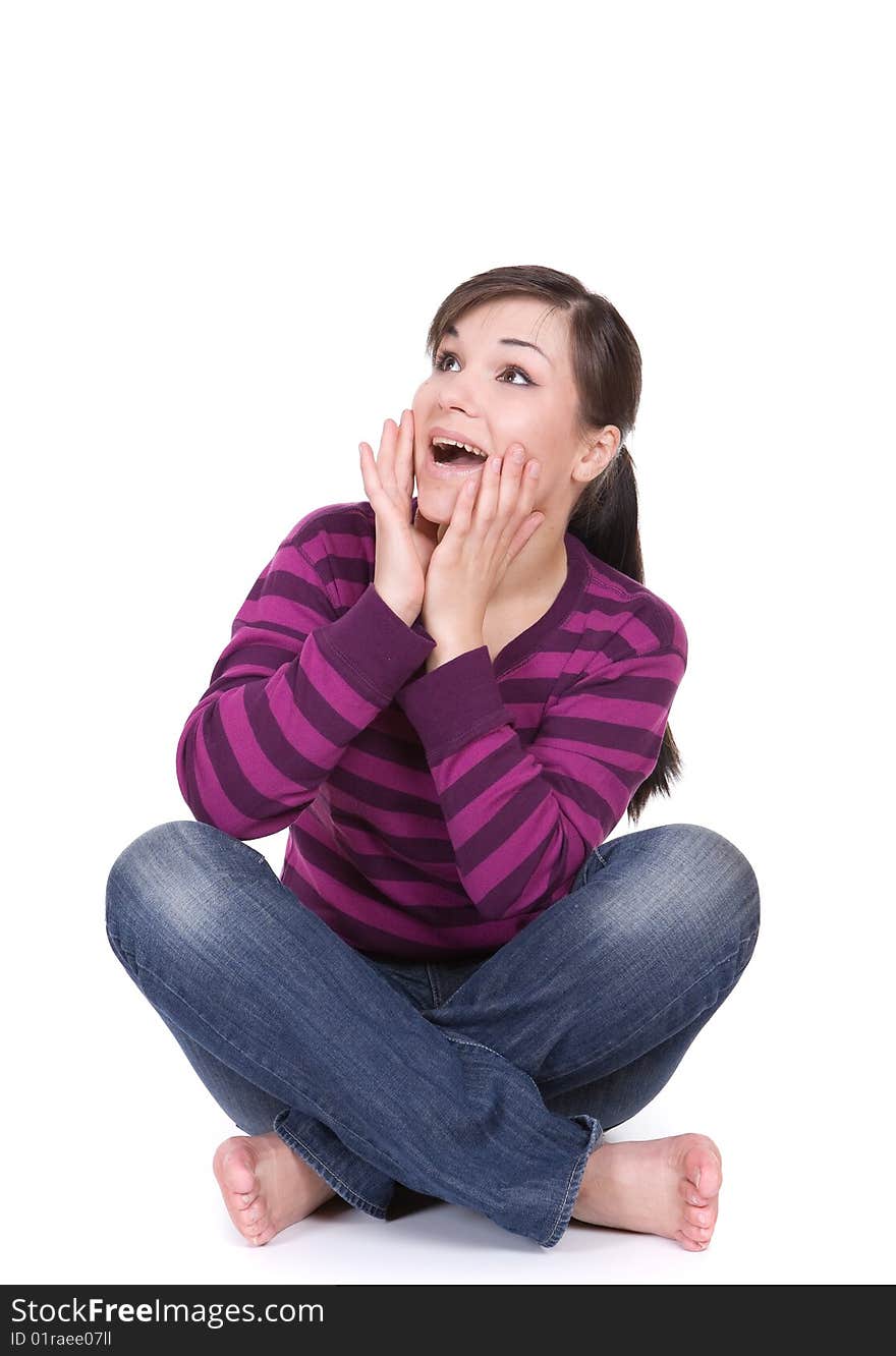 Young casual woman on white background