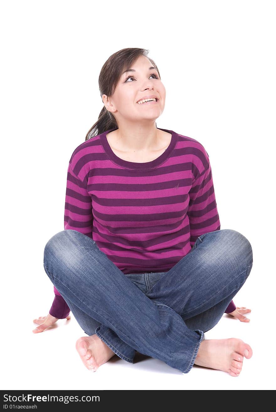 Young casual woman on white background