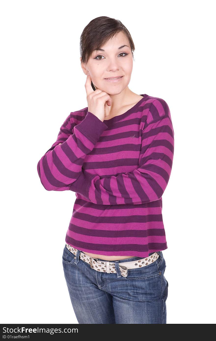 Young casual woman on white background