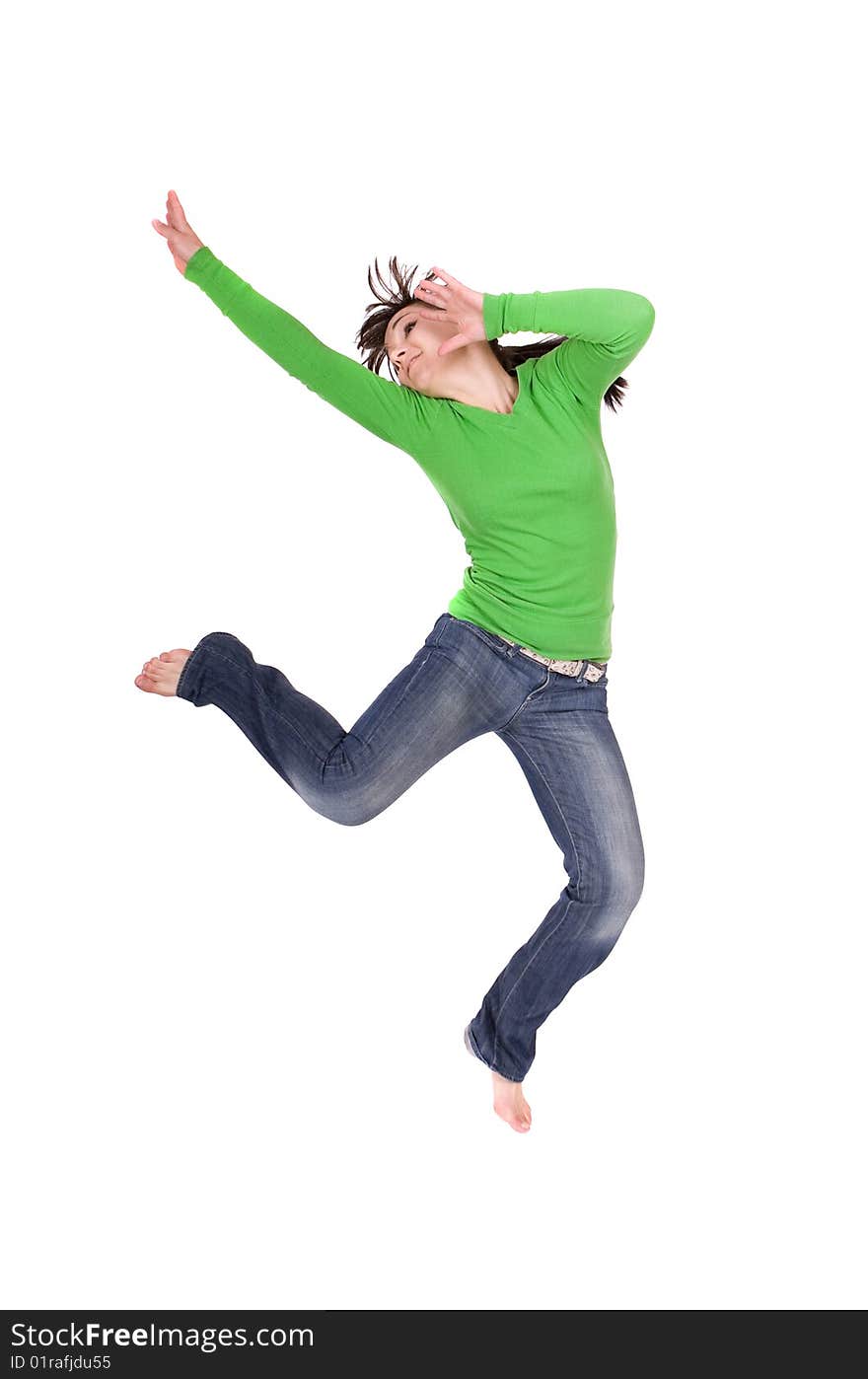 Young brunette woman jumping over white background. Young brunette woman jumping over white background