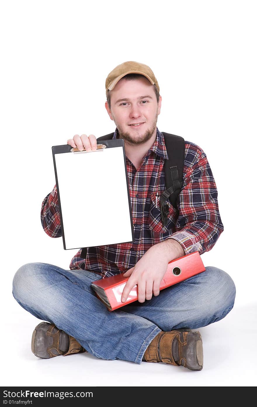 Young casual student on white background