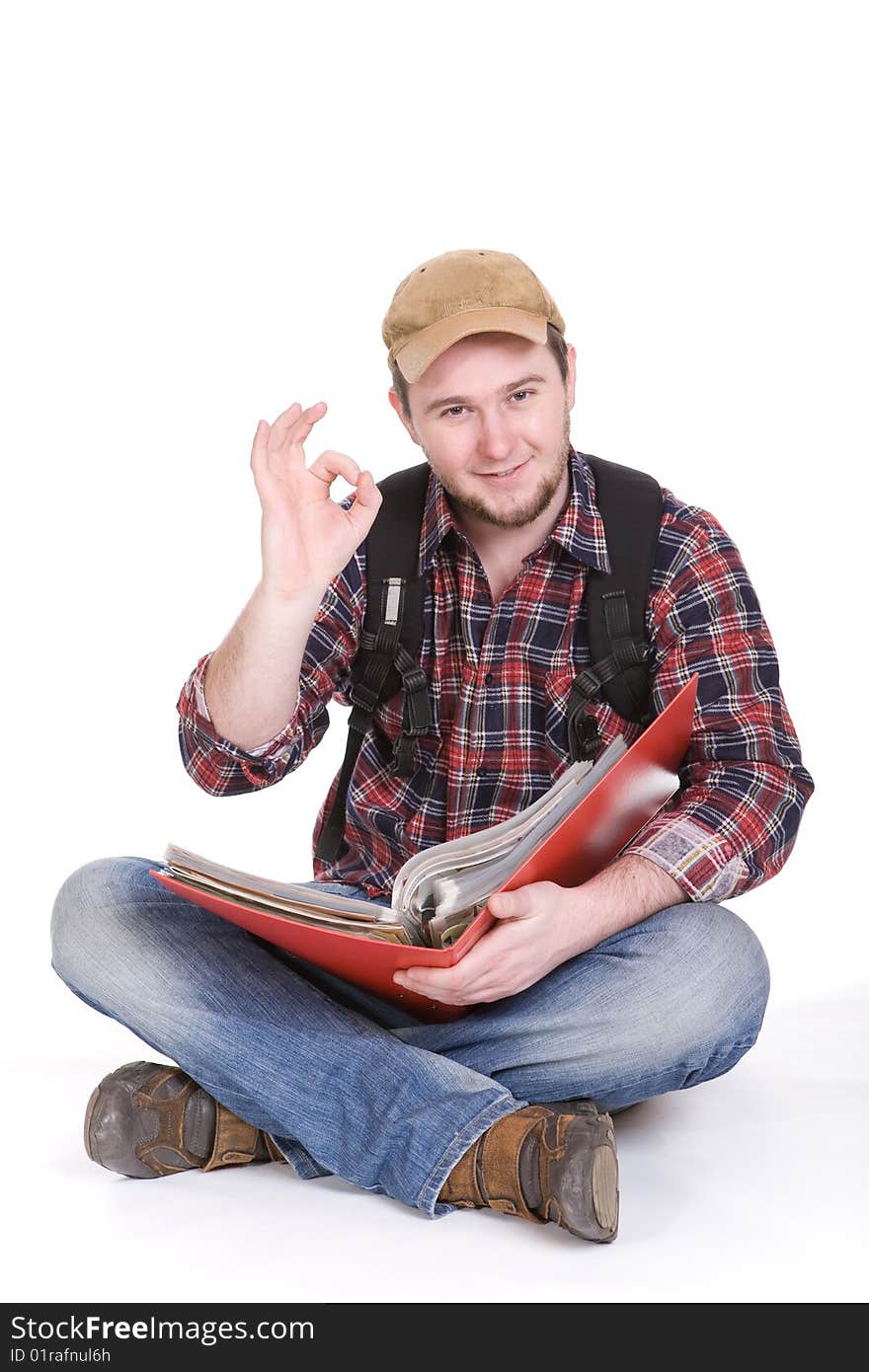 Young casual student on white background