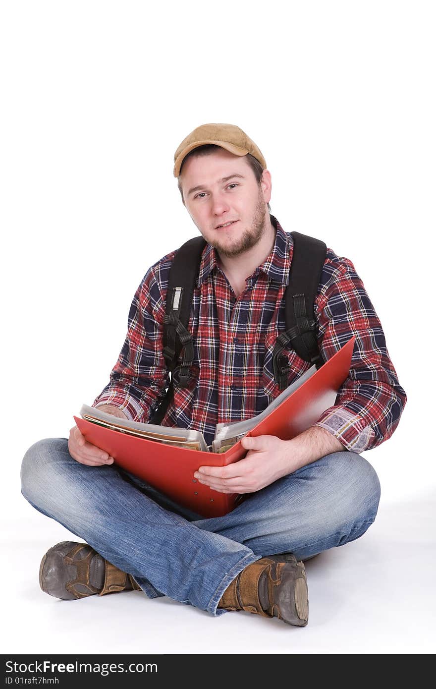 Young casual student on white background