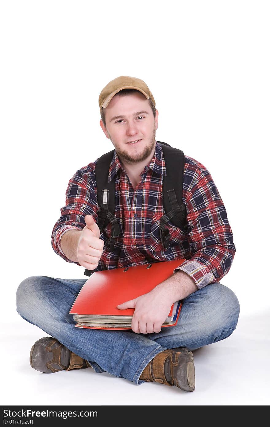 Young casual student on white background