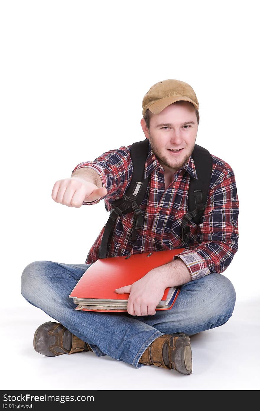 Young casual student on white background