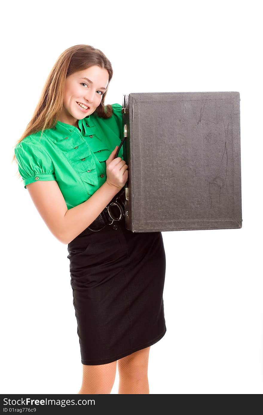 A cheerful young woman posing with a black leather attache case. A cheerful young woman posing with a black leather attache case