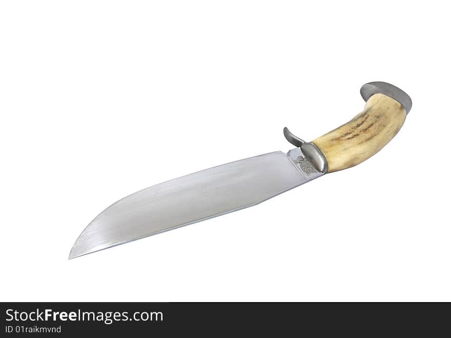 The universal handmade knife with image of winking owl. The handle is made of bone of a deer (with clipping path). The universal handmade knife with image of winking owl. The handle is made of bone of a deer (with clipping path)