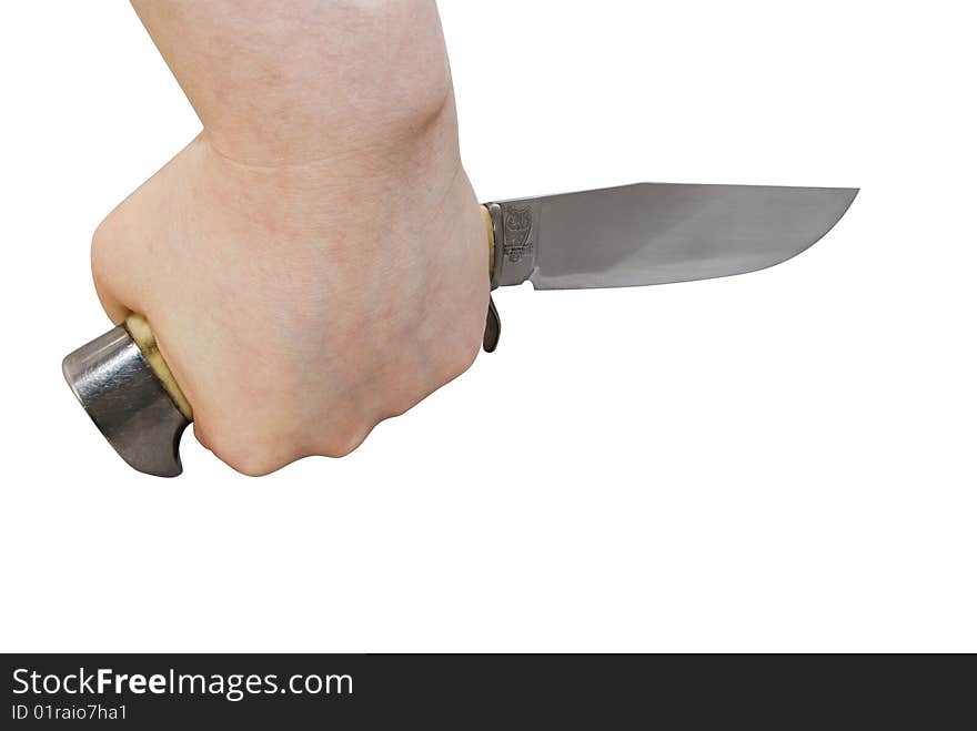 The fist holding knife with image of winking owl. The handle is made of bone of a deer (with clipping path). The fist holding knife with image of winking owl. The handle is made of bone of a deer (with clipping path)