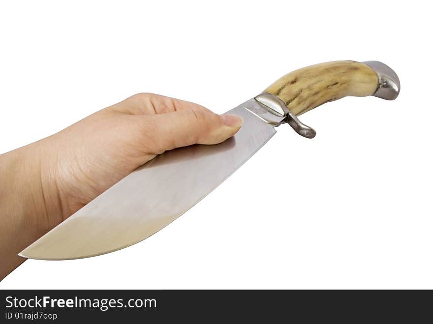 Hand offering to take a knife. The handle is made of bone of a deer (with clipping path). Here is no logo (!). Just year of manufacturing. 1986. Hand offering to take a knife. The handle is made of bone of a deer (with clipping path). Here is no logo (!). Just year of manufacturing. 1986.