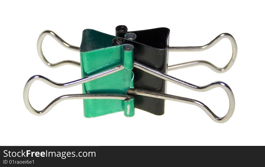 Two clips for office paper of black and green colour. Two clips for office paper of black and green colour