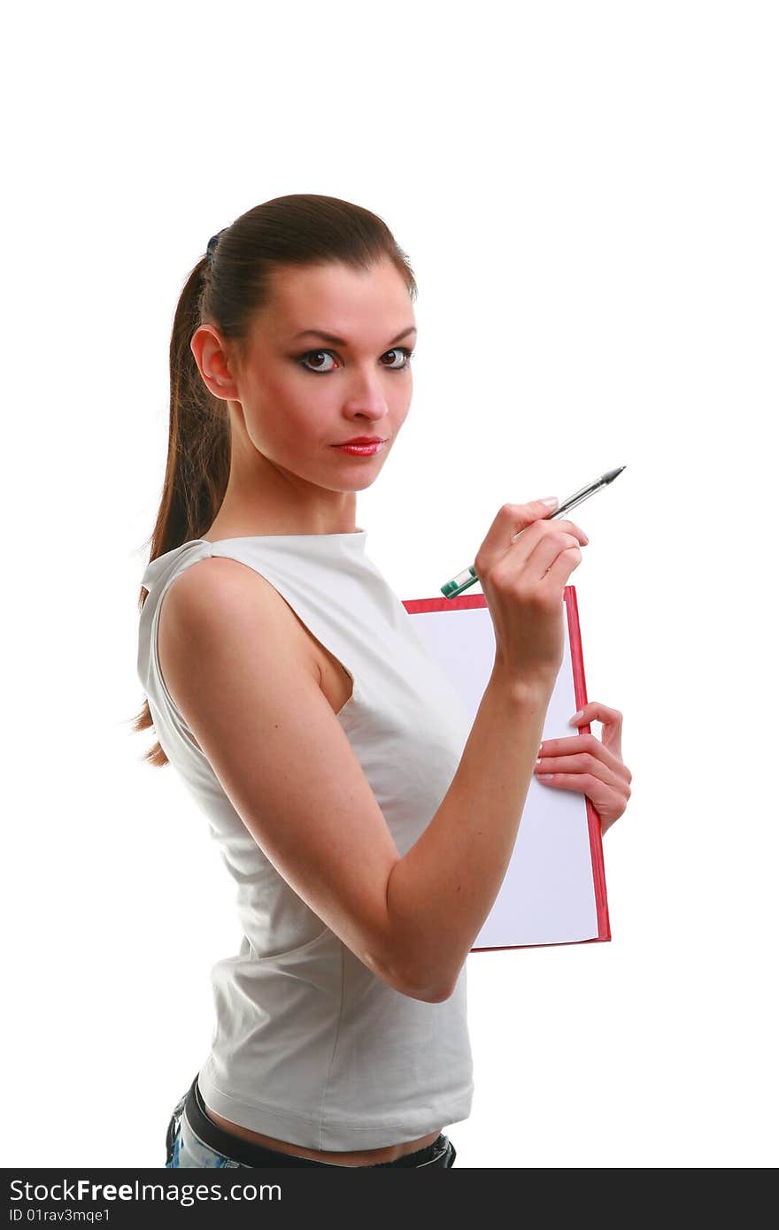 The young girl on the isolated background