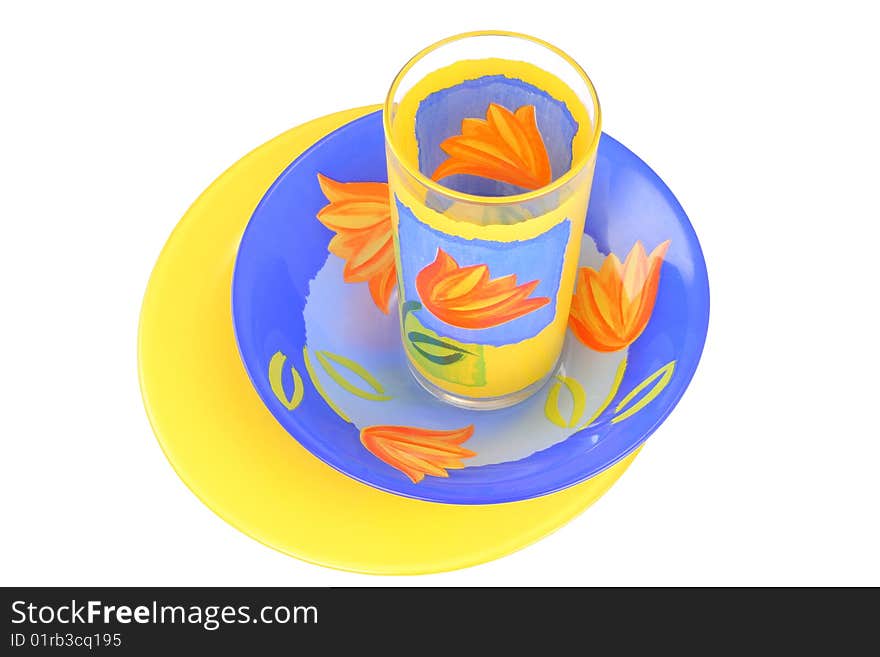 Two plate and glass on a white background