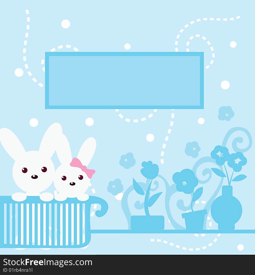 Cute bunny blue background for easter, christmas, party, newborn, birthdays and others