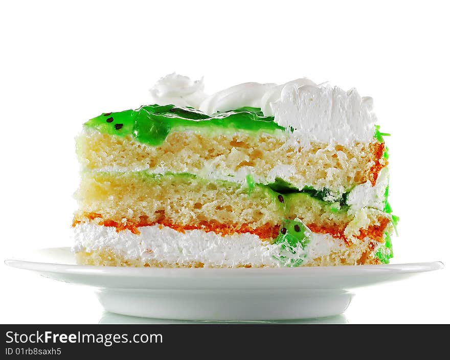 Sweet piece of cake on white plate