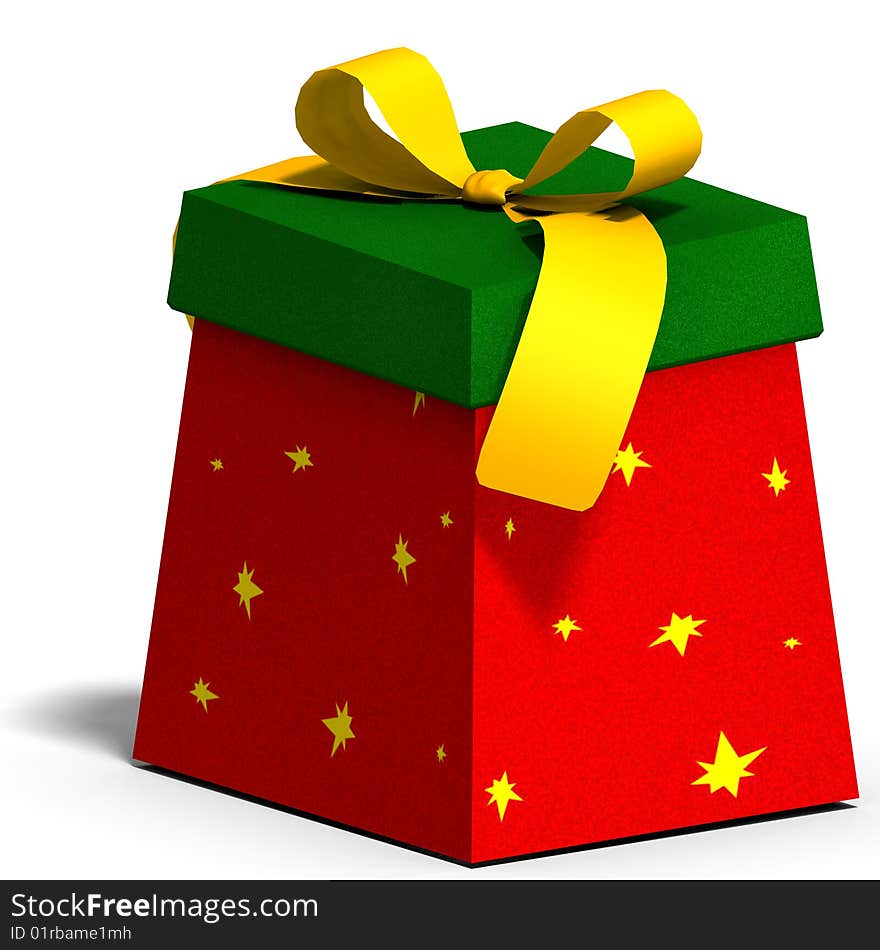 A colorful giftbox with a bow. 3D render with clipping path and shadow over white