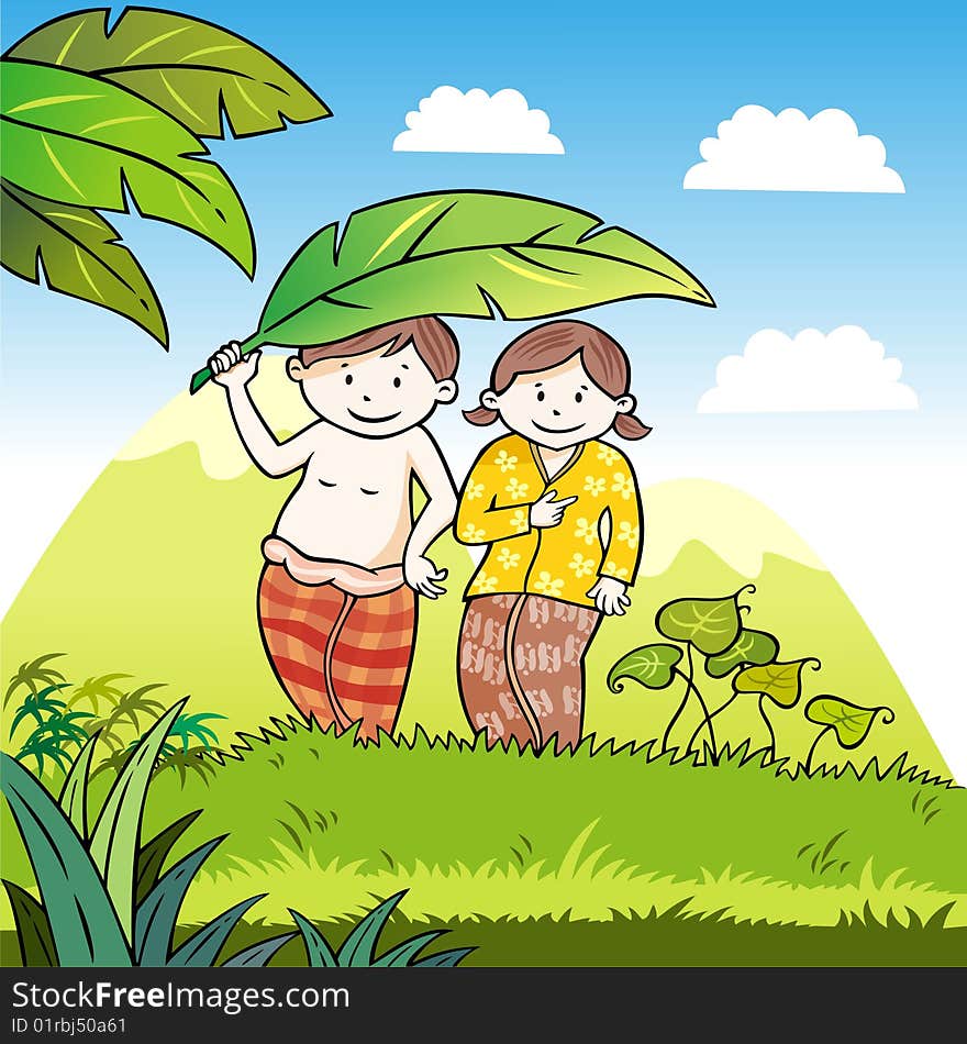 Happy children with a banana leaf in fresh nature